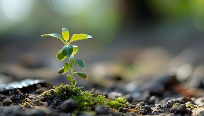 Wall Mural - delicate green plant emerging from rich soil in a serene natural setting