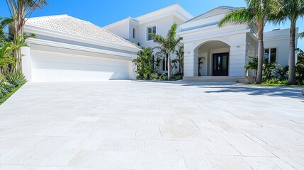 Canvas Print - White Luxury Home with Palm Trees and Stone Driveway