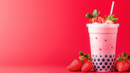 Strawberry Boba Tea with Red Background