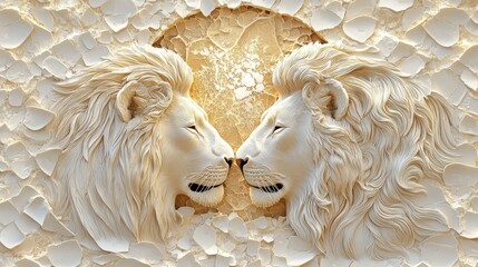 Wall Mural - White Lions  D Relief Sculpture Wall Art Decor