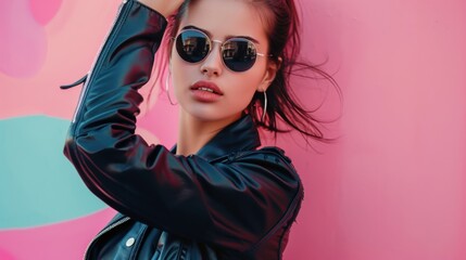 beautiful woman with dark glasses with eye-catching colorful background