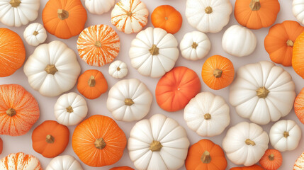 A vibrant collection of pumpkins in various shapes and sizes, featuring mix of orange and white hues. This delightful arrangement captures essence of autumn and harvest celebrations