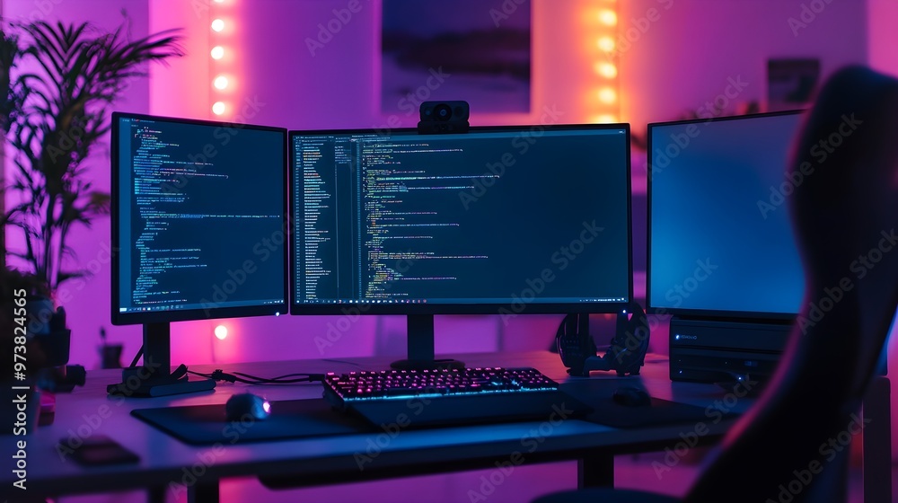 A neon-lit workspace featuring dual monitors displaying responsive web ...