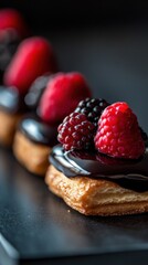 Closeup of a row of chocolate-covered pastries topped with raspberries and blackberries on a black surface.