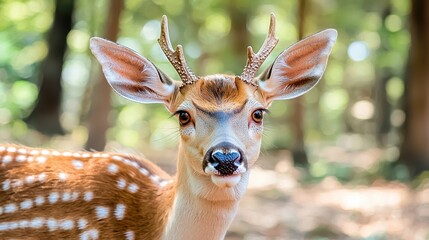 Sticker - Closeup Portrait of a Curious Fawn with Antlers in a Forest