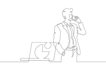 Poster - Continuous one line drawing businessman talking on the phone. Man working with laptop. Working on computer. Negotiations. One continuous line isolated minimal illustration.