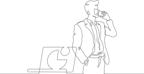 Wall Mural - Continuous one line drawing businessman talking on the phone. Man working with laptop. Working on computer. Negotiations. One continuous line isolated minimal illustration.