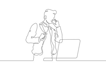 Poster - Continuous one line drawing businessman talking on the phone. Man working with laptop. Working on computer. Negotiations. One continuous line isolated minimal illustration.