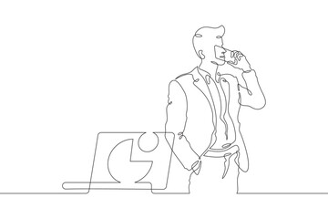 Poster - Continuous one line drawing businessman talking on the phone. Man working with laptop. Working on computer. Negotiations. One continuous line isolated minimal illustration.