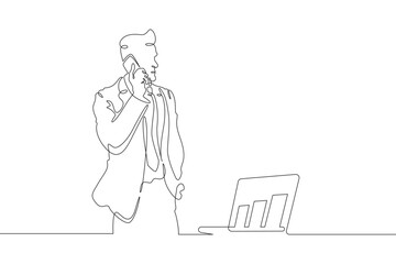 Poster - Continuous one line drawing businessman talking on the phone. Man working with laptop. Working on computer. Negotiations. One continuous line isolated minimal illustration.
