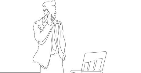Poster - Continuous one line drawing businessman talking on the phone. Man working with laptop. Working on computer. Negotiations. One continuous line isolated minimal illustration.