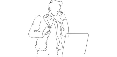 Poster - Continuous one line drawing businessman talking on the phone. Man working with laptop. Working on computer. Negotiations. One continuous line isolated minimal illustration.