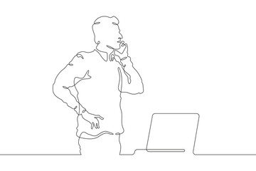 Poster - Continuous one line drawing businessman talking on the phone. Man working with laptop. Working on computer. Negotiations. One continuous line isolated minimal illustration.