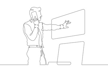 Poster - Continuous one line drawing businessman talking on the phone. Man working with laptop. Working on computer. Negotiations. One continuous line isolated minimal illustration.
