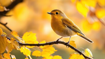 Yellow Bird Perched on Autumn Branch with Golden Leaves