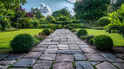 Hard landscaping, new luxury stone patio and garden of an English home