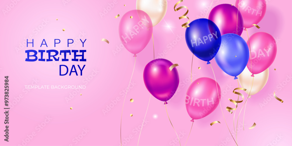 Happy birthday template background with 3d pink and blue balloons on ...