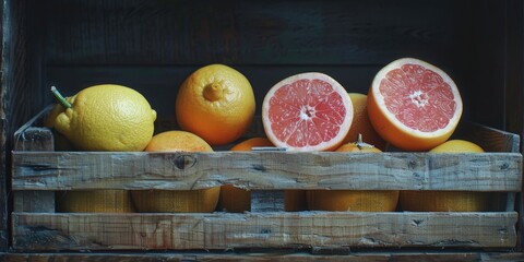 Canvas Print - A wooden crate containing multiple sizable grapefruits next to one solitary lemon.