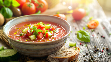 Wall Mural - Chilled gazpacho soup with fresh vegetable garnish and crusty bread on rustic table