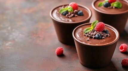 Three chocolate mousse desserts topped with fresh raspberries and blueberries and chocolate shavings on a rustic brown surface.