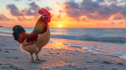 Chicken strolling on a sandy beach, with the ocean waves gently lapping at its feet and a sunset painting the sky.