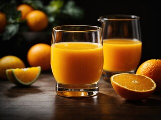 Fresh orange juice in the glass on dark background