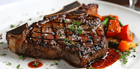 Wall Mural - Savory T-bone steak with roasted vegetables and red wine reduction sauce served on a white plate