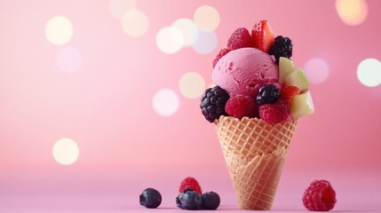 A pink ice cream cone with fresh berries and a pink background with bokeh lights.