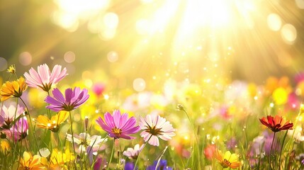 Sticker - Beautiful Blooming Flowers in Sunny Meadow with Bokeh