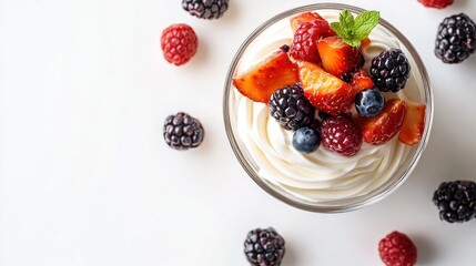 A glass bowl filled with whipped cream and a mix of fresh berries, including strawberries, raspberries, blueberries, and blackberries, on a white background.