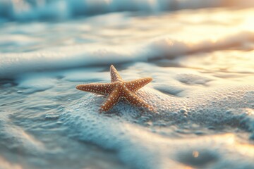 Starfish on the summer beach in sea water. Summer background. Summer time, ai