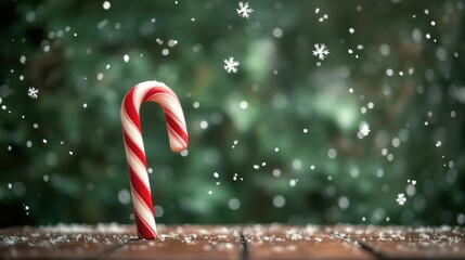 A red and white striped candy cane resting on a wooden table, with a forest green background and silver snowflakes falling, copy space, Merry Christmas background, holiday treat promotion