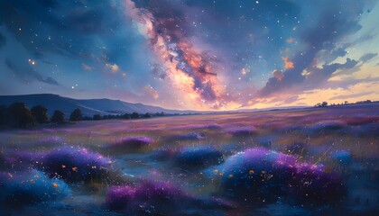 Wall Mural - Cosmic Journey through a Dusty Sky above a Mystical Field under a Blue and Purple Nebula in a Starry Night Galaxy