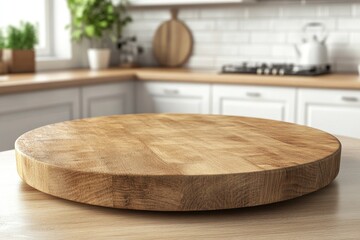 Empty beautiful round wood tabletop counter on interior in clean and bright kitchen background, Ready for display, Banner, for product montage ,  ai