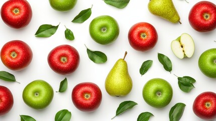 Wall Mural - Red and Green Apples  Pears and Leaves on White Background