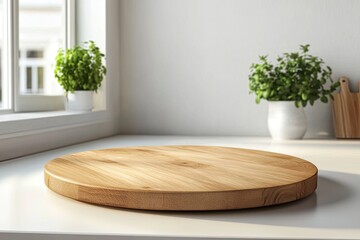 Empty beautiful round wood tabletop counter on interior in clean and bright kitchen background, Ready for display, Banner, for product montage ,  ai