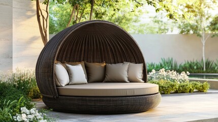 Stylish patio daybed with a retractable canopy and plush, weather-resistant cushions