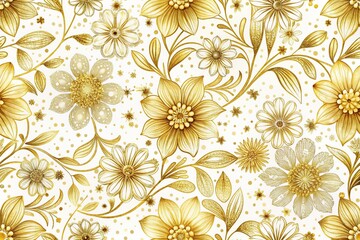 Elegant gold floral abstract seamless pattern with shiny dust on white flowers