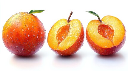 Wall Mural - Fresh peaches with water droplets, showcasing a whole and sliced fruit.