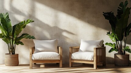 Wall Mural - Sustainable wood armchair with organic cotton cushions,