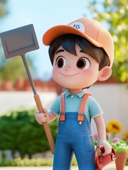 A cheerful cartoon boy in a cap holding a shovel, ready for gardening.