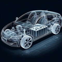 A line art 3D illustration displays a modern electric car chassis x-ray, revealing the vehicle battery in a studio environment.