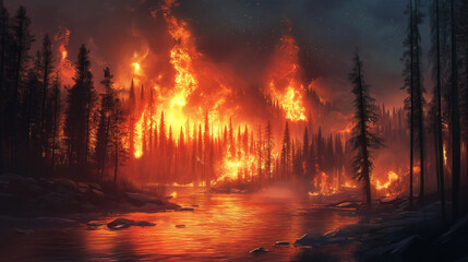 Canvas Print - Dramatic Nighttime Forest Fire Raging Through Trees, Intense Flames Reflecting on Water in Wildfire Scene