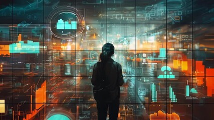 Wall Mural - Woman is looking at a futuristic cityscape through a digital interface, with animated financial data and charts displayed on the screen