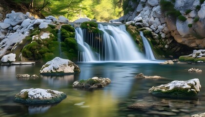 Wall Mural - Serene waterfall embraced by mossy rocks and crystal clear water in a tranquil natural setting