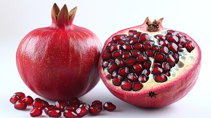 A whole and halved pomegranate showcasing its juicy seeds.