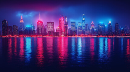 A city skyline by the bay with red and blue neon lights in the background, reflecting on the surface of the ocean