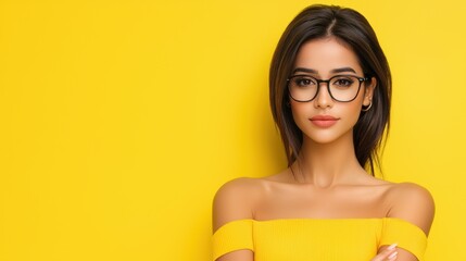 Wall Mural - Woman wearing glasses, yellow background