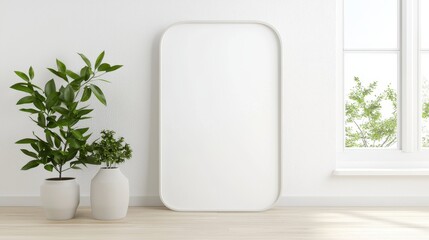 Canvas Print - Minimalist Interior with White Wall  Window  and Plants