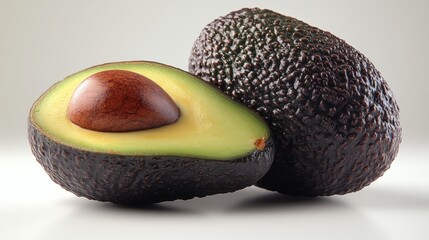 Wall Mural - Two ripe avocados, one cut in half, showcasing the seed.